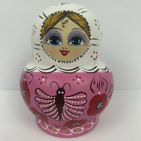 Other - VTG Collectible Matryoshka Dolls Set of 10 Pink & White Hand Painted Butterfly
